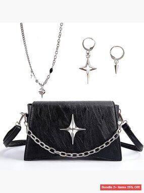 Silver Star Pattern Sling Bag with Matching Earrings and Necklace Set